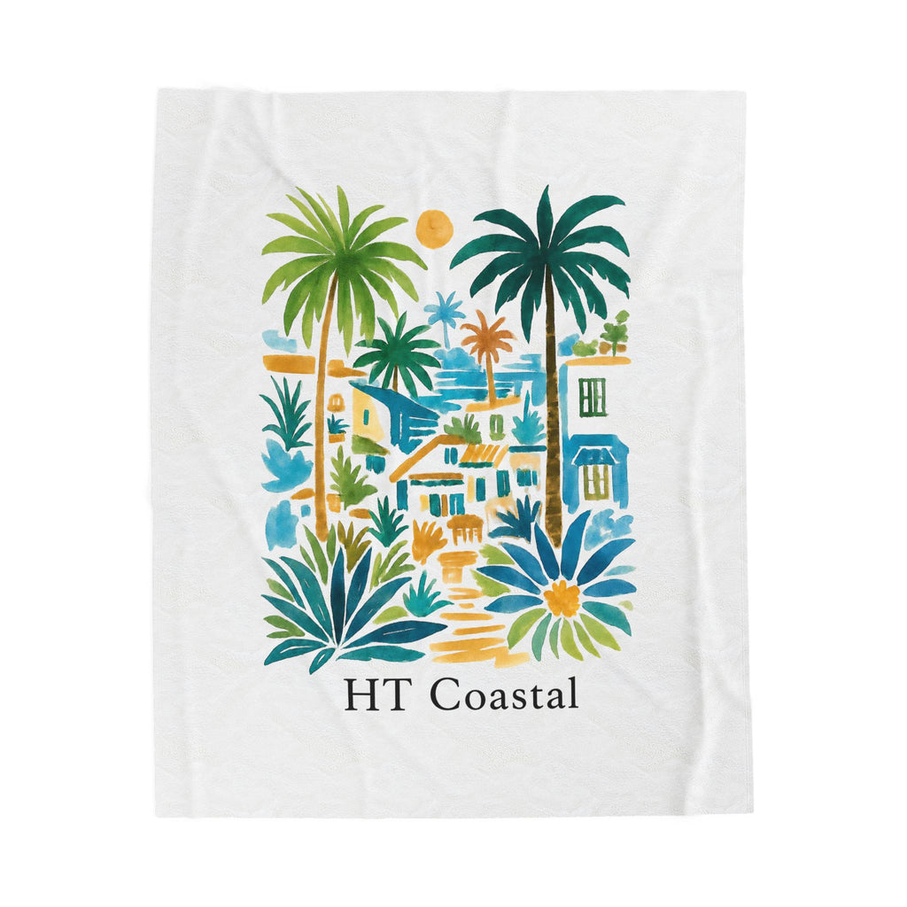 Coastal Palm Velveteen Plush Blanket — HT Coastal Beach Scene Throw
