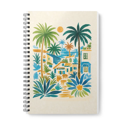 A5 Spiral Notebook — Tropical Coastal Village Watercolor Cover