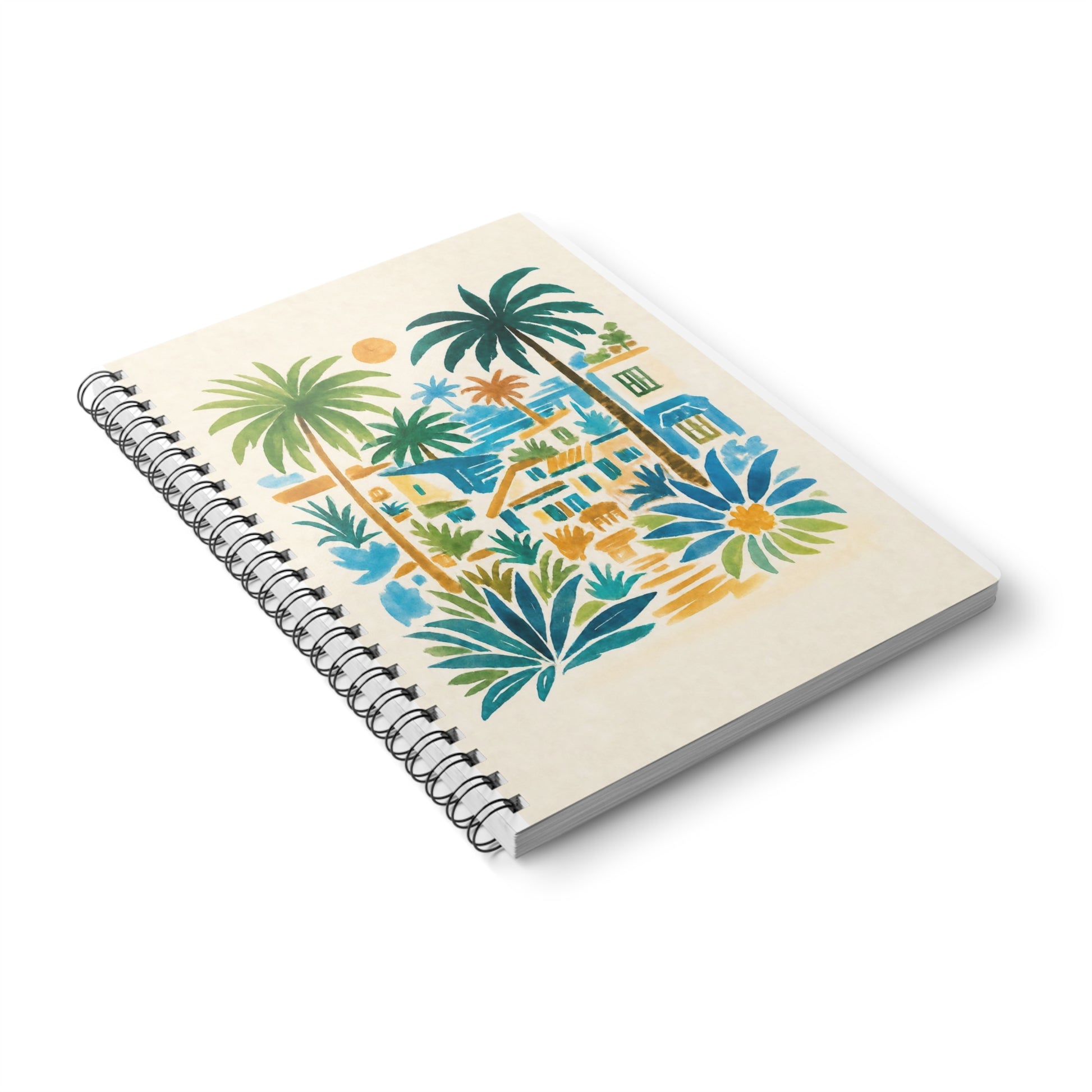 A5 Spiral Notebook — Tropical Coastal Village Watercolor Cover