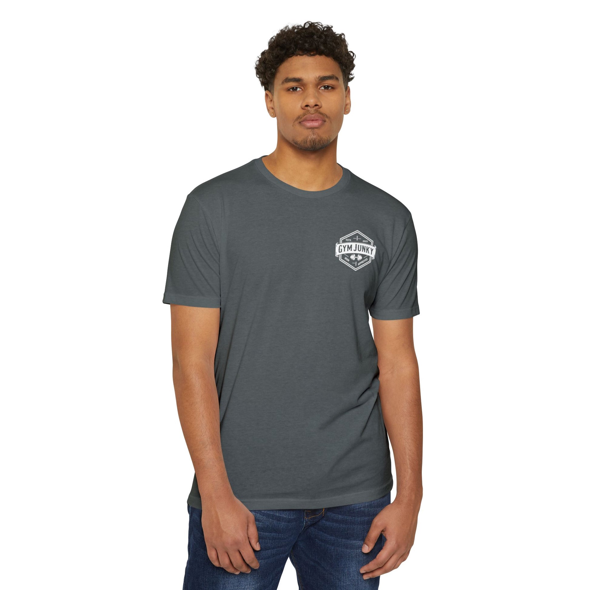 Gym Junky Unisex CVC Jersey T-Shirt | Fitness Apparel, Workout Gift, Gym Lover's Tee, Casual Wear, Motivational Top