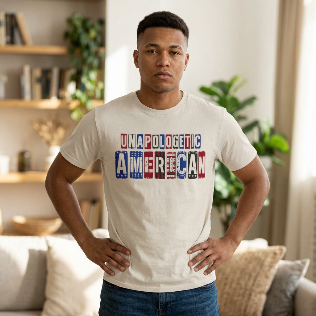 Unapologetic American T-Shirt – Patriotic USA Flag Lettering Tee
