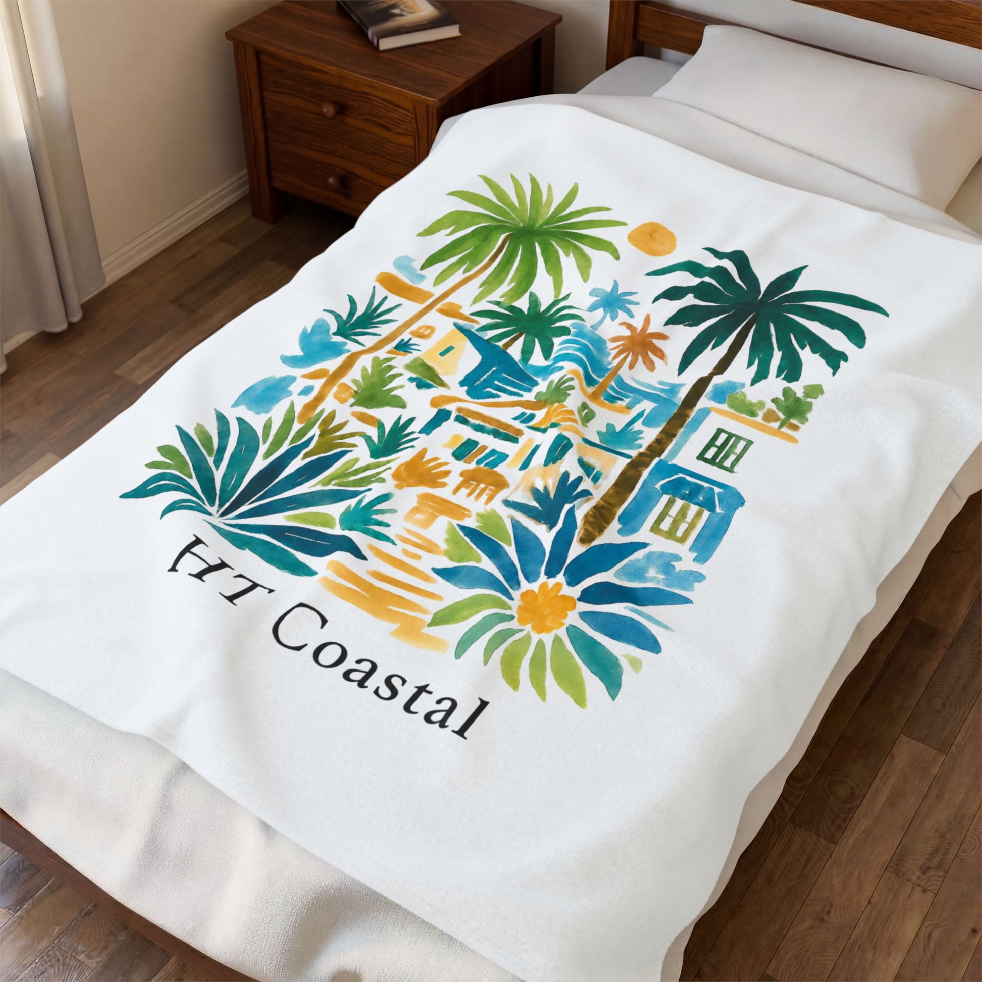 Coastal Palm Velveteen Plush Blanket — HT Coastal Beach Scene Throw