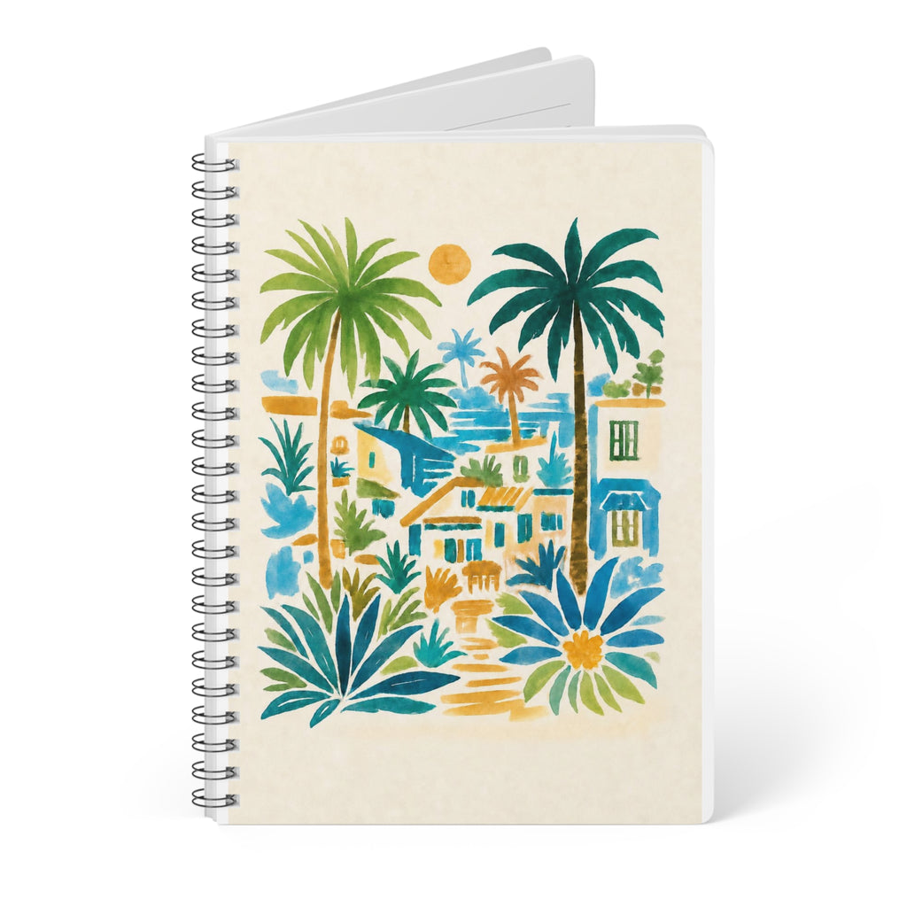 A5 Spiral Notebook — Tropical Coastal Village Watercolor Cover